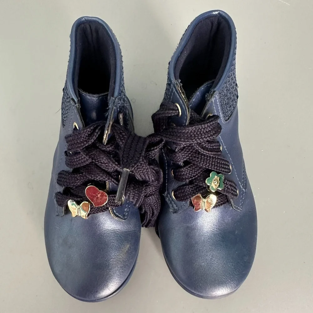 Pablosky Girls Metallic Navy‎ Blue Sequin Lace Up Ankle Boots Butterfly Charms